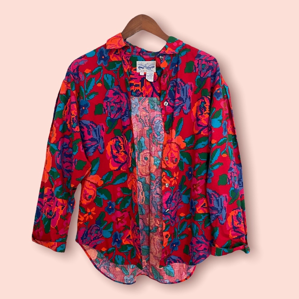 Vintage Perry Ellis multicolored digital flower print button down